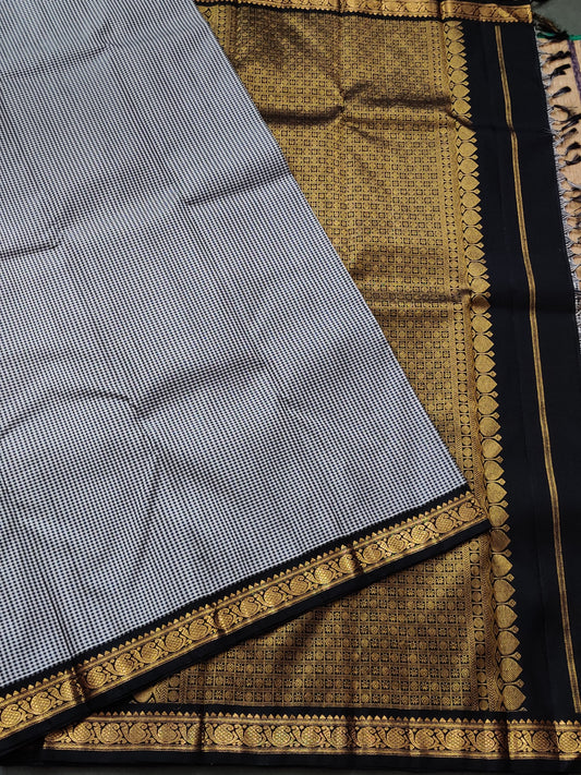 Black & White Colour Kanchivaram Silk With Checks Motif