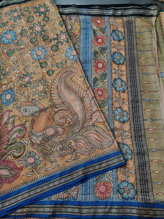 Tussar Colour Vidharbha Tussar Silk With Hand Pen Kalamkari