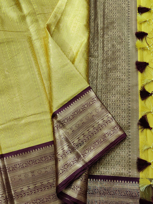 Yellow Colour Semi Banarasi Saree With Zari Motif