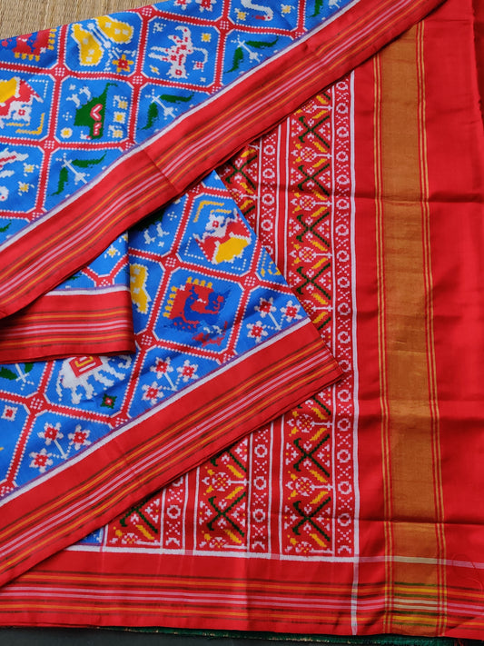 Sky Blue Colour Ikkat Patan Patola With Ikkat Weaving