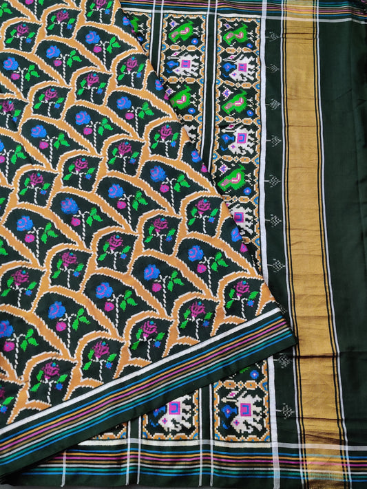 Green Colour Ikkat Patan Patola With Ikkat Weaving