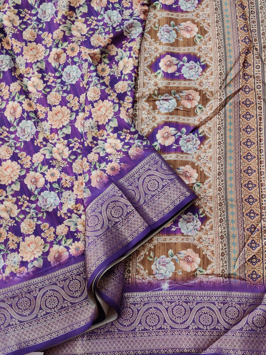 Purple Colour Semi Banarasi With Floral Print