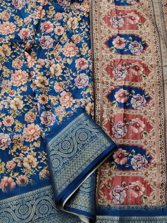 Rama Blue Semi Banarasi Saree with Floral Print