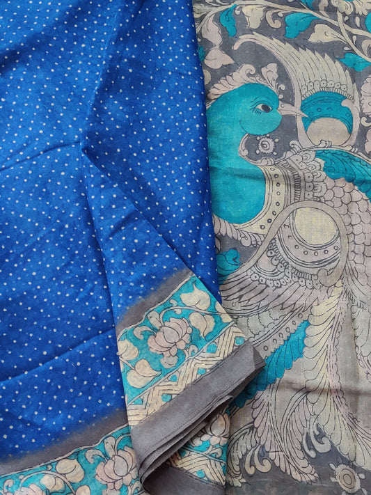 Blue Colour Semi Banarasi With Bandhani Print