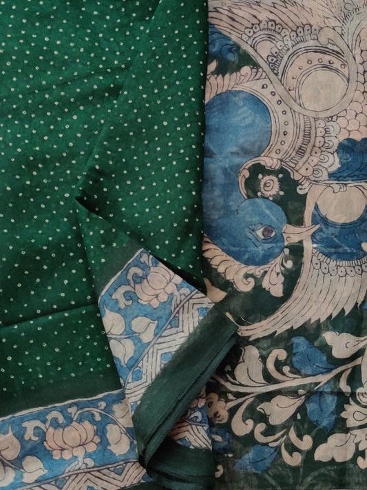 Green Colour Semi Banarasi With Bandhani Print