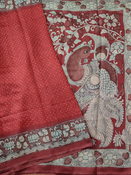 Maroon Colour Semi Banarasi Saree With Bandhani Print All Over