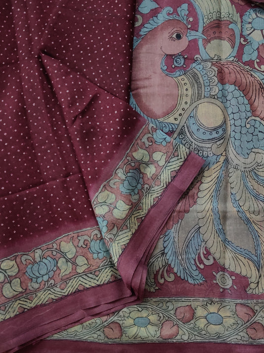 Maroon Colour Semi Banarasi With Bandhani Print