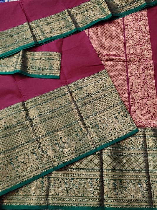 Maroon Colour Cotton Saree With Plain Body