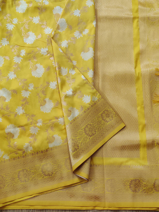 Yellow Colour Semi Banarasi Saree With Thread Woven Motif