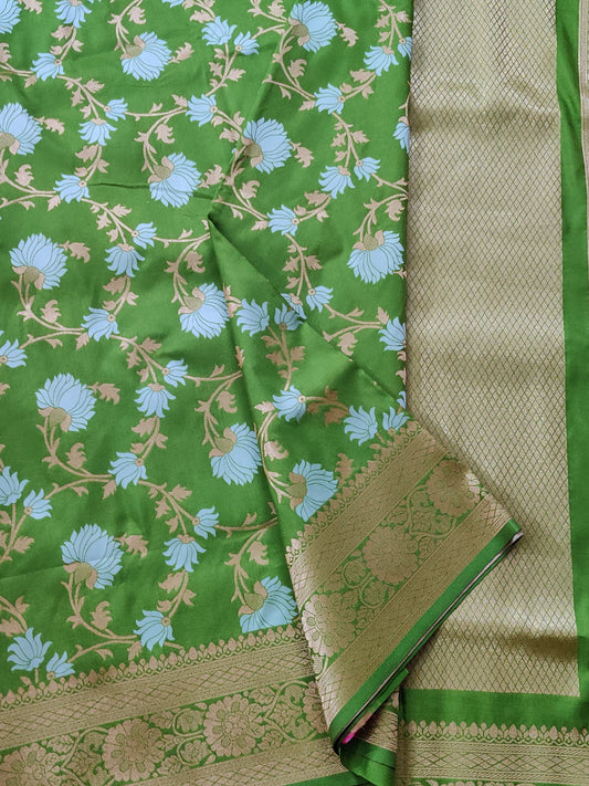 Parrot Green Colour Semi Banarasi Saree With Thread Woven Motif