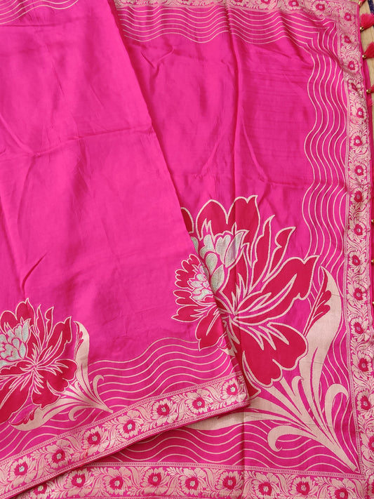 Rani Pink Colour Dola Silk Saree With Floral Motif