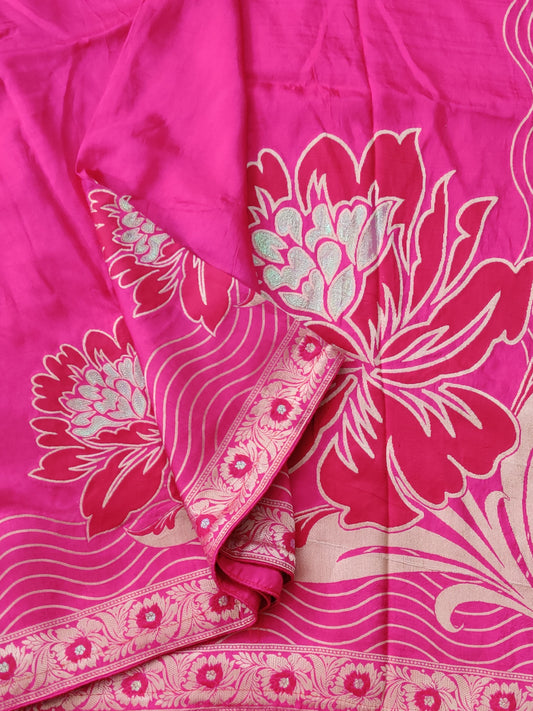 Rani Pink Colour Dola Silk Saree With Floral Motif