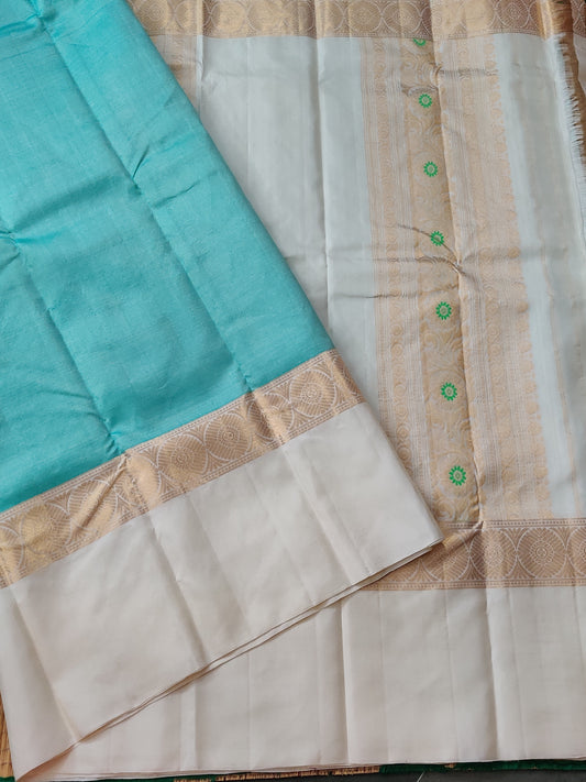 Sea Blue Colour Gadwal Silk Saree With Small Zari Checks Motif