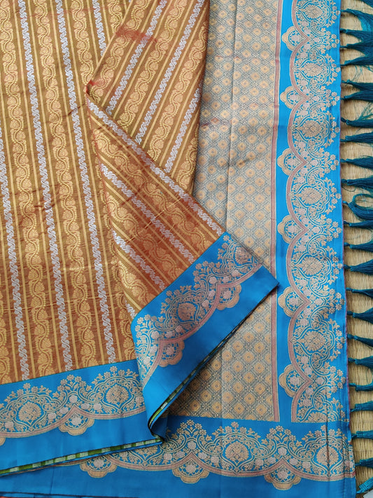 Honey Colour Semi Banarasi With Zari Stripes All Over