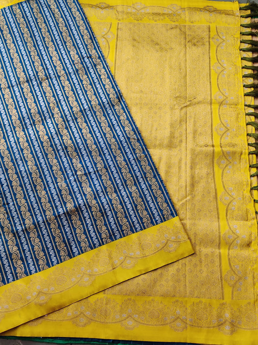 Rama Blue Colour Semi Banarasi Saree With Silver & Gold Zari Stripes All Over