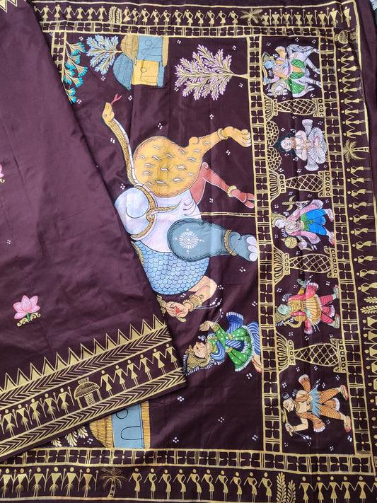 Brown Colour Bangalore Silk Saree With Patta Chitra Hand Painting All Over