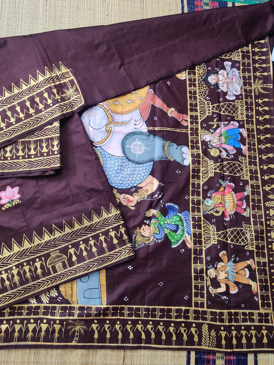 Brown Colour Bangalore Silk Saree With Patta Chitra Hand Painting All Over