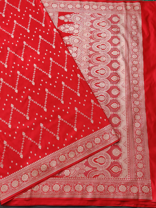 Red Colour Semi Banarasi Saree With Zari Motif