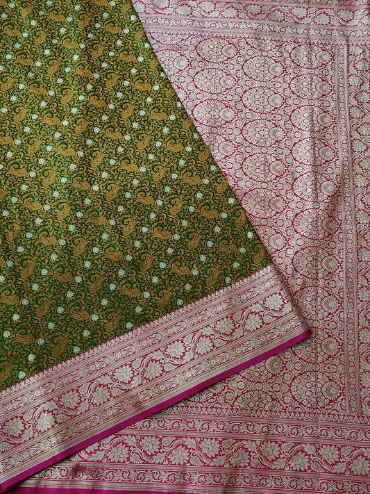 Green Colour Semi Banarasi Saree With Thread Woven Motif All Over