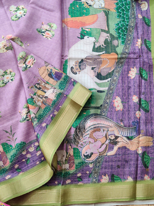 Lavender Colour Semi Banarasi Saree With Digital Print