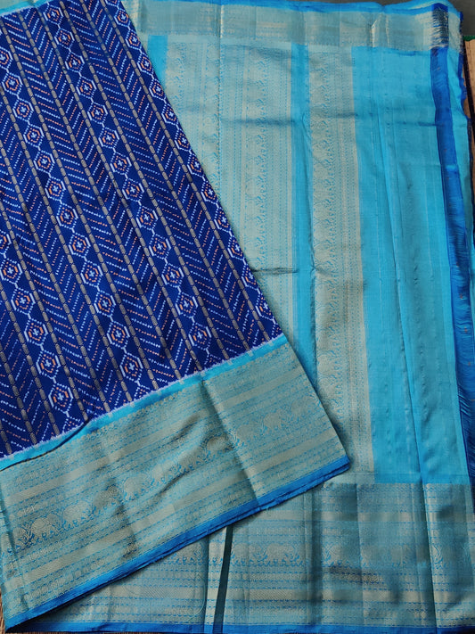 Peacock Blue Colour Ikkat Silk Saree With Ikkat Weaving All Over