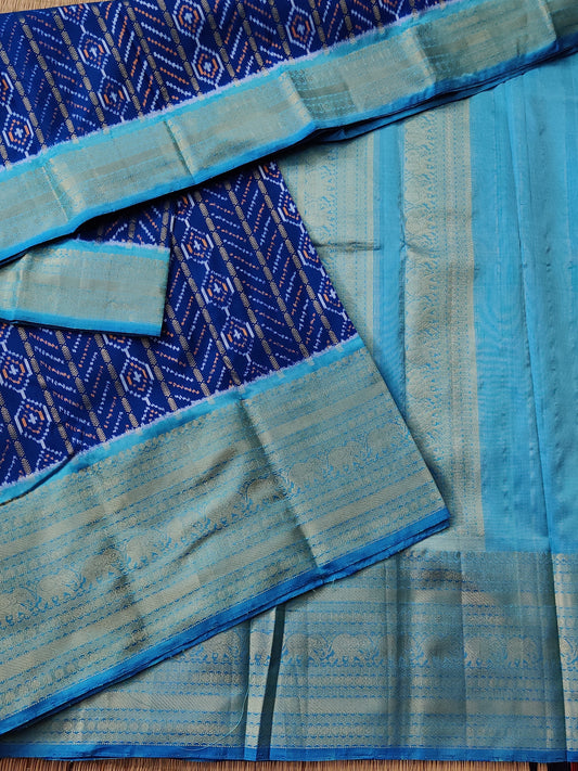 Peacock Blue Colour Ikkat Silk Saree With Ikkat Weaving All Over