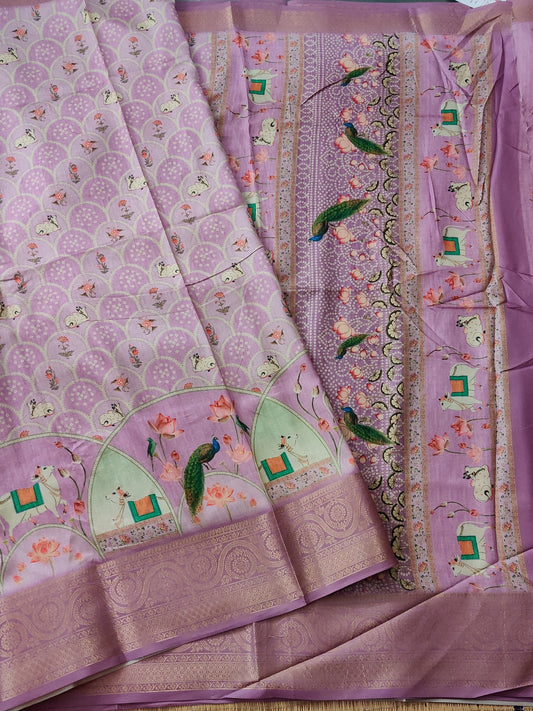 Pink Colour Semi Banarasi Saree With Digital Print