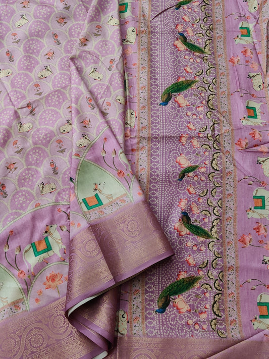 Pink Colour Semi Banarasi Saree With Digital Print