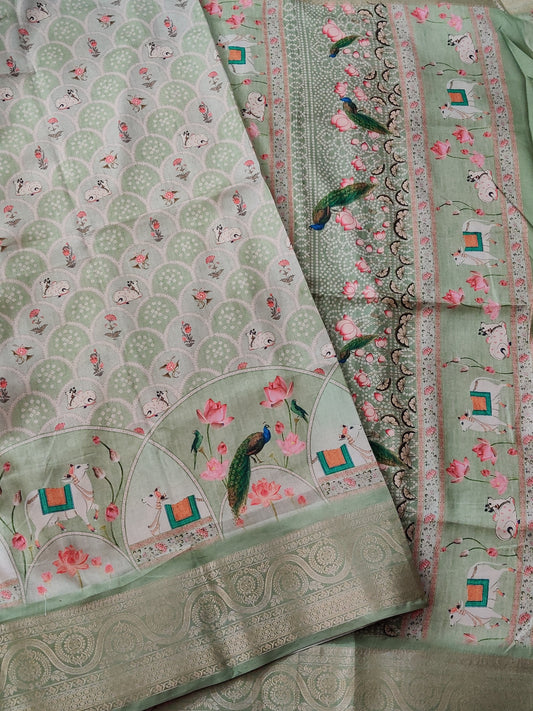 Parrot Green Colour Semi Banarasi Saree With Digital Print