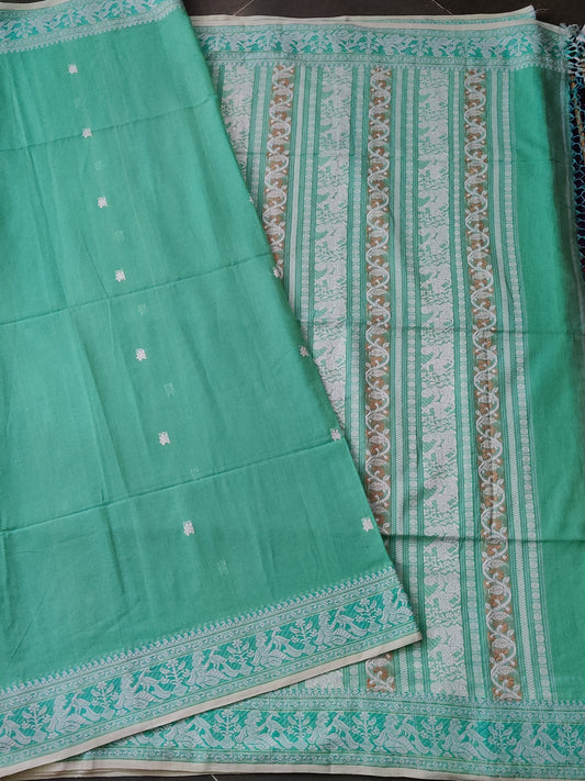 Sea Green Colour Cotton Saree With Thread Woven Butta All Over