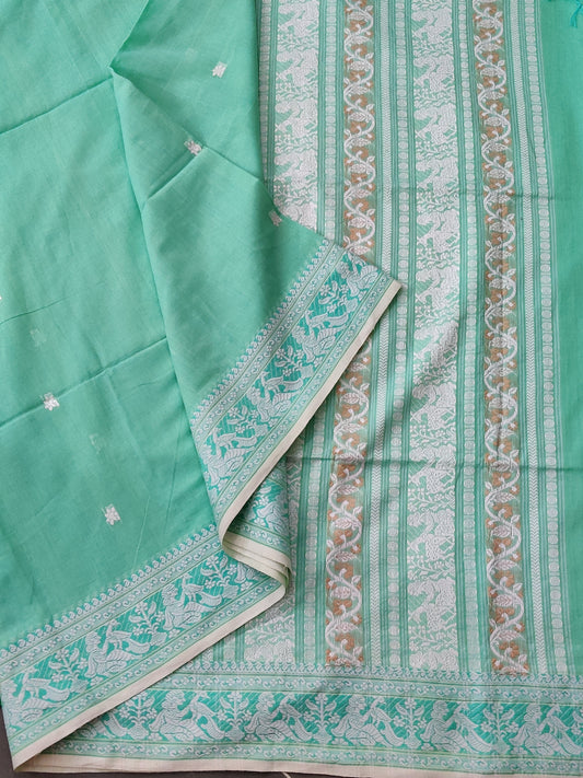 Sea Green Colour Cotton Saree With Thread Woven Butta All Over