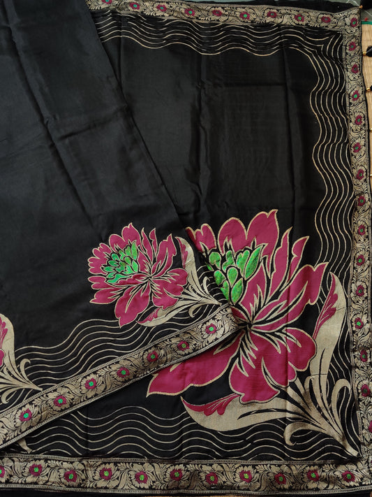 Black Colour Dola Silk Saree With Floral Motif