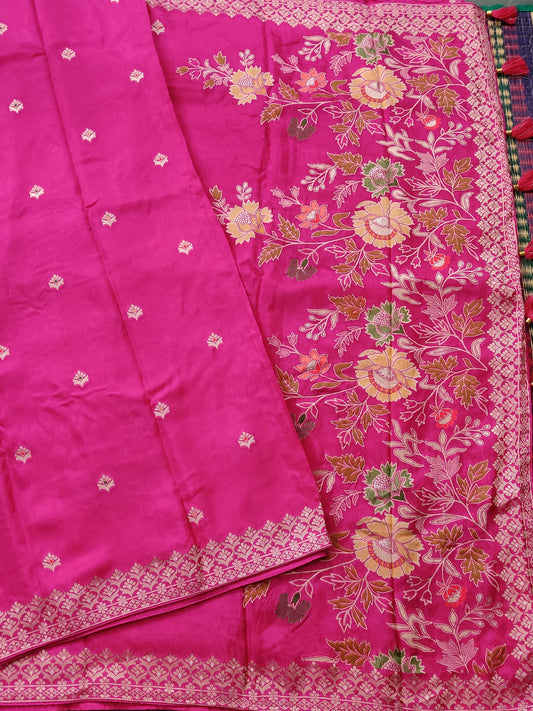 Rani Pink Colour Semi Dola Silk Saree With Zari Butta All Over