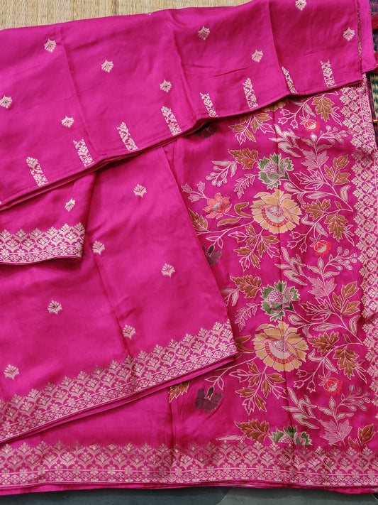 Rani Pink Colour Semi Dola Silk Saree With Zari Butta All Over