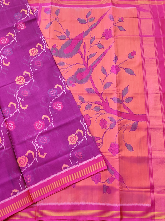 Magenta Colour Single Ikkat Patola Saree & With Thread Woven Motif All Over