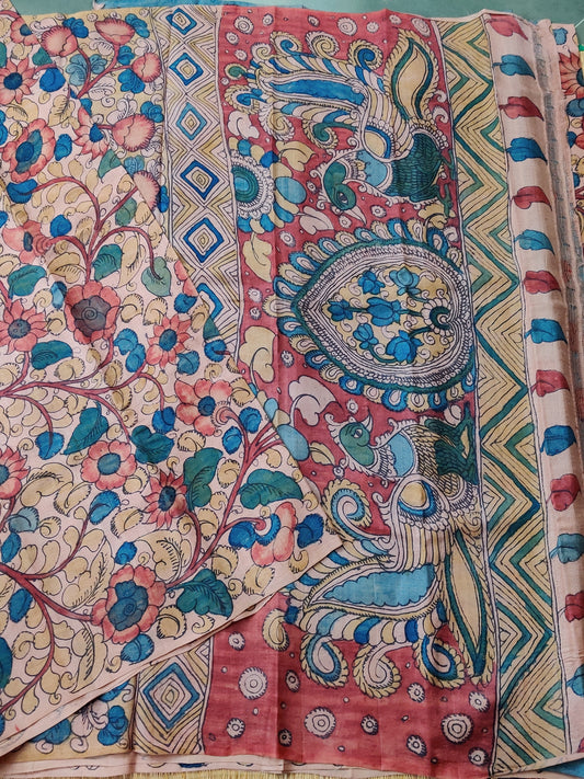 Onion Colour Tussar Silk Saree With Kalamkari Hand Paint All Over