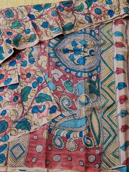 Onion Colour Tussar Silk Saree With Kalamkari Hand Paint All Over