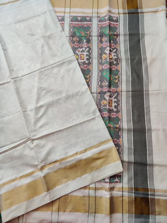 White & Grey Colour Single Ikkat Patola Saree With Half & Half Saree