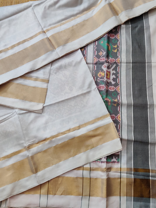 White & Grey Colour Single Ikkat Patola Saree With Half & Half Saree