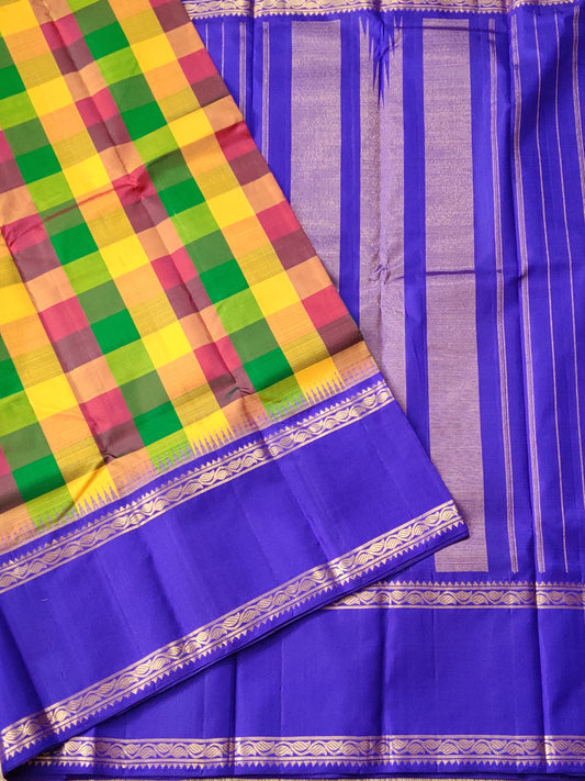 Multi Colour Kanchivaram Silk Saree With Multi Colour & Checks All Over