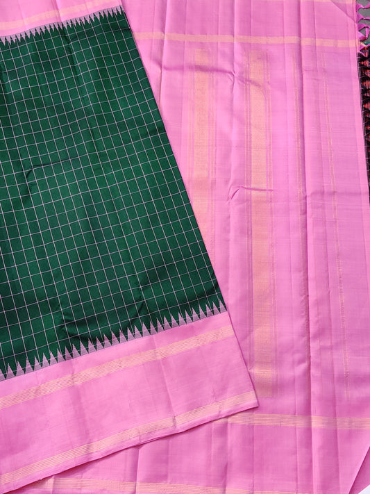 Bottle Green Colour Kanchivaram Silk Saree With Thread Woven Checks Motif All Over