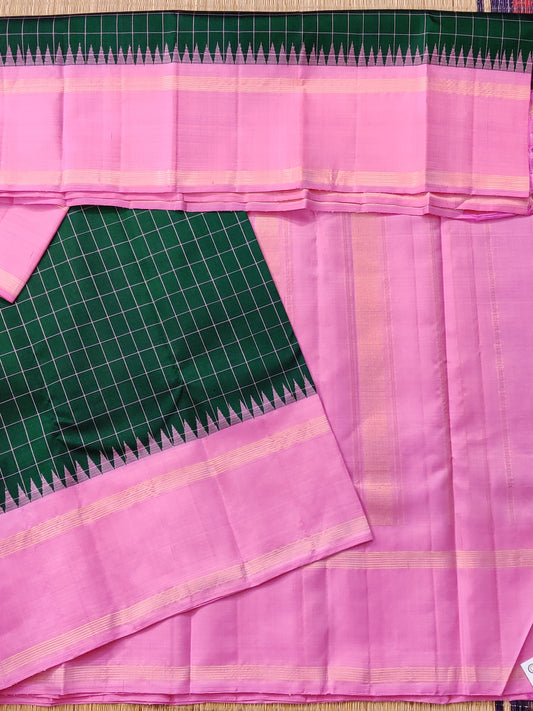 Bottle Green Colour Kanchivaram Silk Saree With Thread Woven Checks Motif All Over