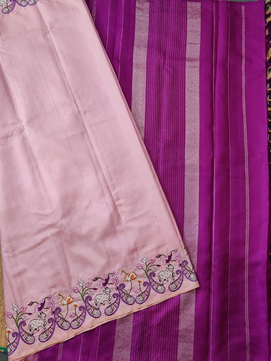 Light Baby Pink Colour Kanchivaram Silk Saree With Silver Zari Stripes All Over