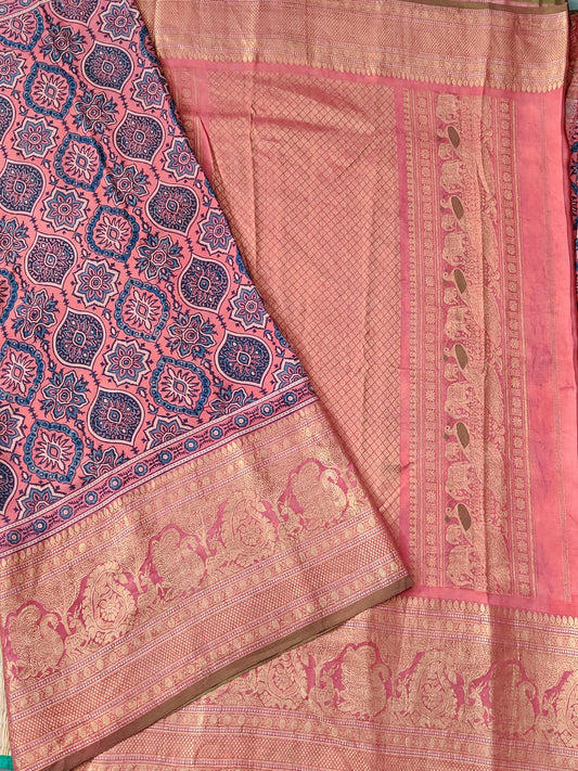 Maroon Colour Kanchivaram Silk With Ajrakh Print All Over