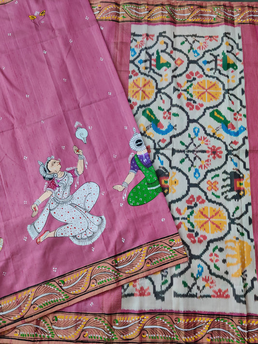 Baby Pink Colour Raw Silk Saree With Patta Chitra Hand Painting All Over