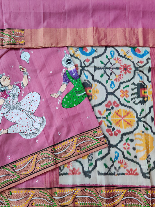 Baby Pink Colour Raw Silk Saree With Patta Chitra Hand Painting All Over