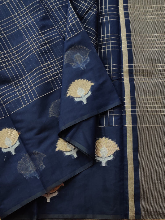 Navy Blue Colour Semi Banarasi Saree With Zari Checks Motif All Over