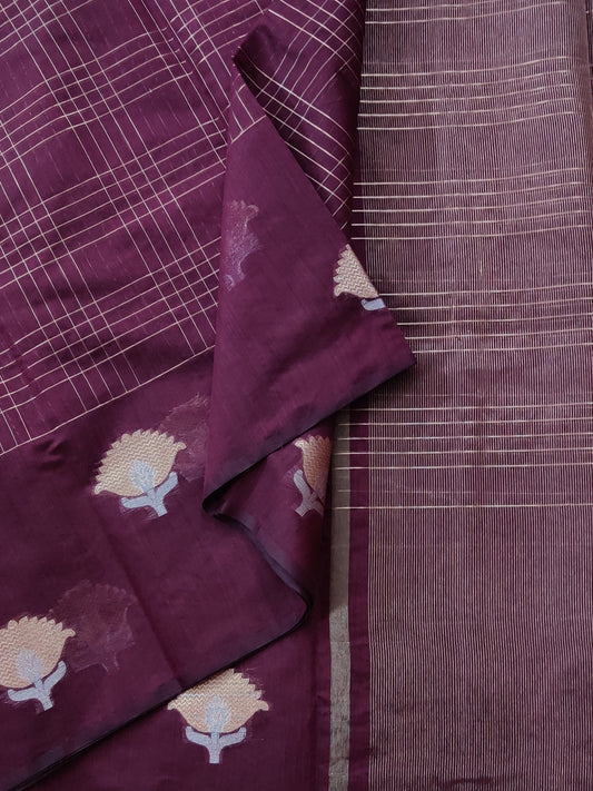 Maroon Colour Semi Banarasi Saree With Zari Checks Motif All Over