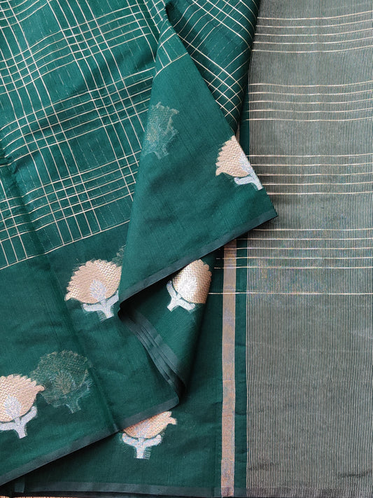 Green Colour Semi Banarasi Saree With Zari Checks Motif All Over