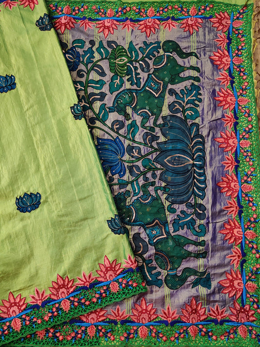 Parrot Green Colour Tissue Kanchivaram Silk Saree With Kalamkari Applique Work All